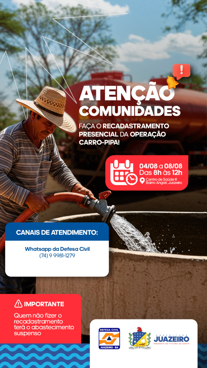 Prefeitura de Juazeiro convoca beneficiários da Operação Carro-Pipa para recadastramento