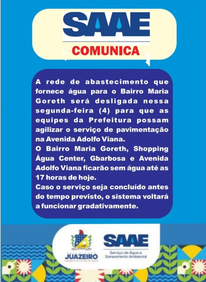 Desligamento de rede deixará Bairro Maria Gorete sem água nesta segunda-feira (4)
