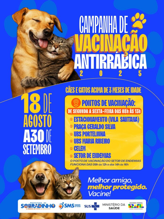 Prefeitura de Sobradinho inicia Campanha de Vacinação Antirrábica para cães e gatos na próxima segunda-feira (18) 