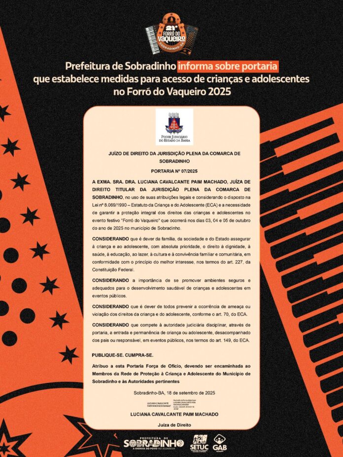 Prefeitura de Sobradinho informa sobre portaria que estabelece medidas para acesso de crianças e adolescentes no Forró do Vaqueiro 2025; confira