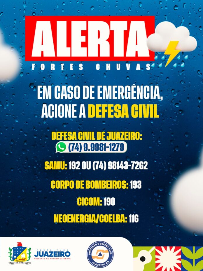 Defesa Civil de Juazeiro alerta para previsão de chuva nos dias 19 e 20 e orienta população sobre como agir em caso de emergência
