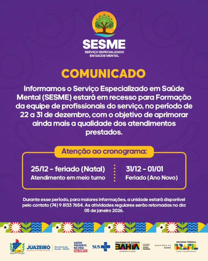 Sesau informa recesso temporário do SESME para formação da equipe em Juazeiro