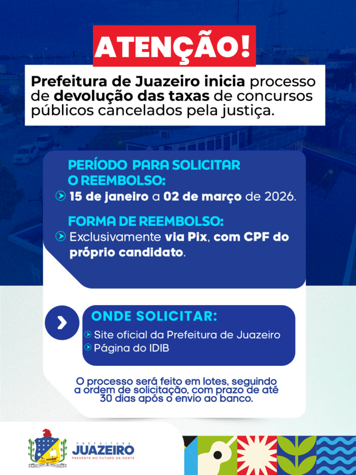 Prefeitura de Juazeiro inicia nesta quinta-feira (15) o processo de devolução das taxas de inscrição dos concursos públicos municipais cancelados pela Justiça