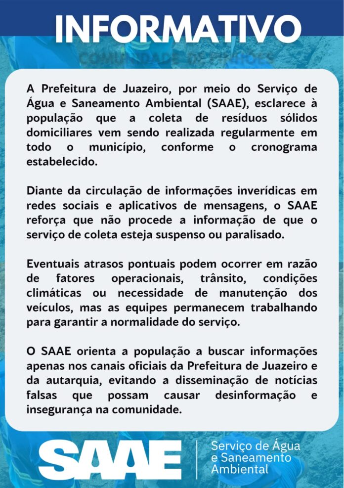 SERVIÇO DE ÁGUA E SANEAMENTO AMBIENTAL (SAAE) DE JUAZEIRO - COMUNICADO À POPULAÇÃO