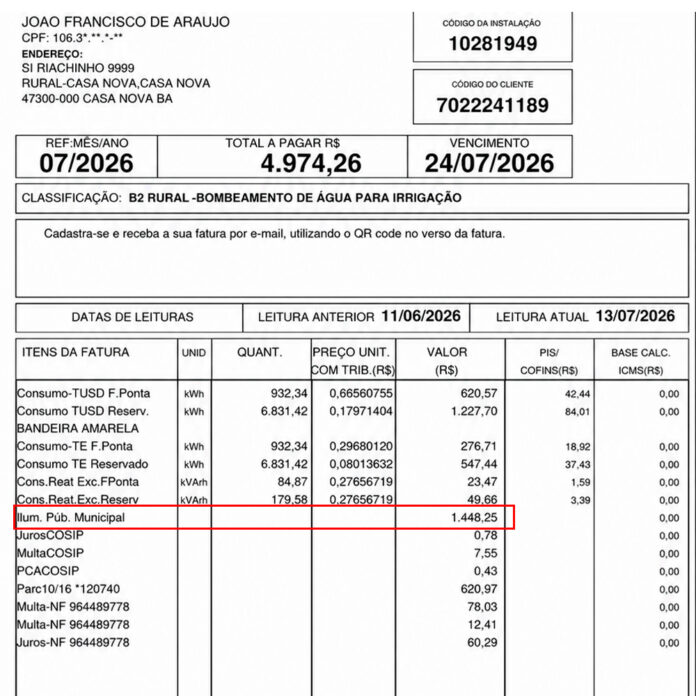 Prefeito Anísio Viana cria cobrança de iluminação pública municipal de R$ 1.448,25 para agricultores de Casa Nova