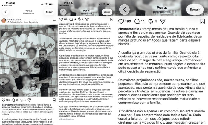Primeira-dama de Casa Nova, Cinara Correia, publica desabafo sobre fim do casamento e fala em traição, humilhação, quebra de confiança e impacto nos filhos